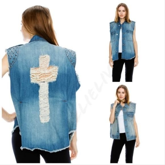 Callie Christian Cross Stud Denim Jean Jacket Vest - Picture 2 of 7